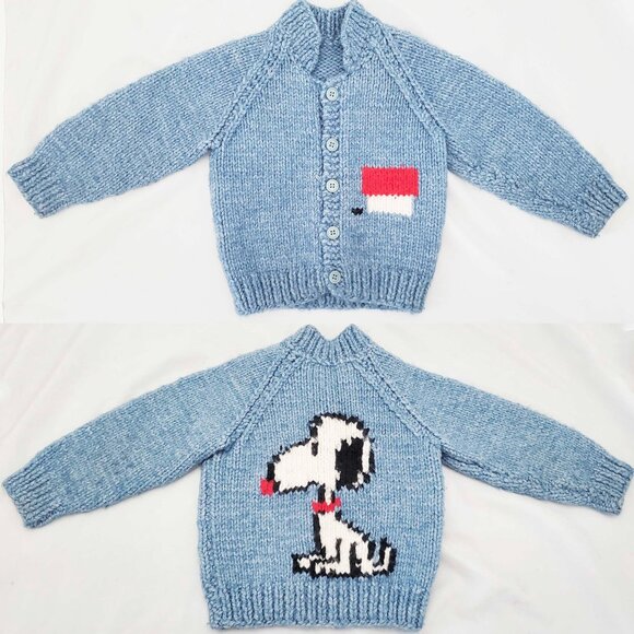 Vintage Toodler Snoopy Peanuts Handknit Cowichan Cardigan Heather Blue 2T - Picture 2 of 7